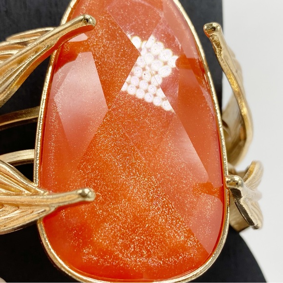 Vintage Gold Leaf Clamper Cuff Bracelet Orange Sparkle Stone - Picture 3 of 7